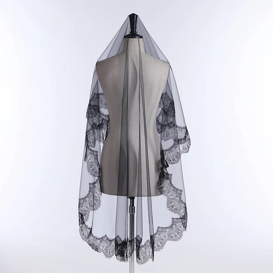 New Arrival Bride Veils One-Layer Women Girl Black Mantilla Wedding Veil Lace Trim Halloween Cosplay Costume Bride Boda 2026 - Luzilly Bridal & Apparel