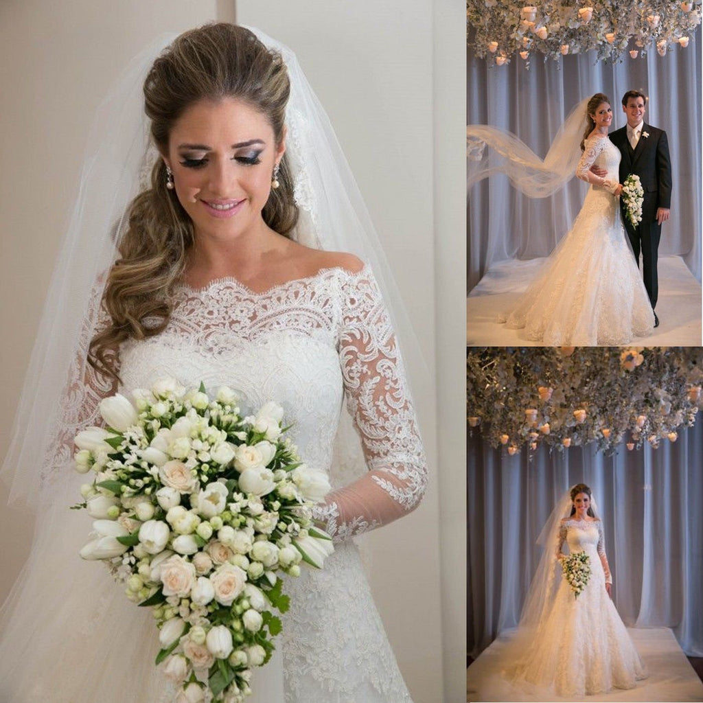 One-Shoulder Pearl-Detail Wedding Dress with Train - Luzilly Bridal & Apparel