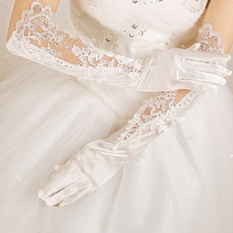 New Bridal Wedding Dress Gloves Banquet Satin Lace Embroidered - Luzilly Bridal & Apparel