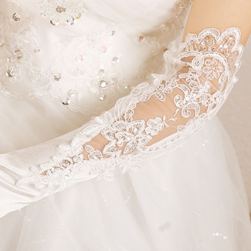 New Bridal Wedding Dress Gloves Banquet Satin Lace Embroidered - Luzilly Bridal & Apparel