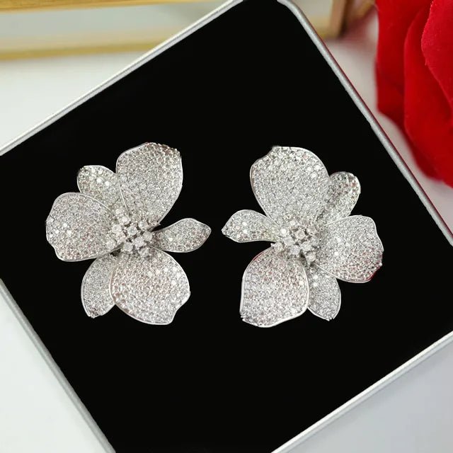 New Design Fashion Golden Color Cubic Zirconia Big Flower Stud eEarring For Women Wedding Bride Jewelry - Luzilly Bridal & Apparel