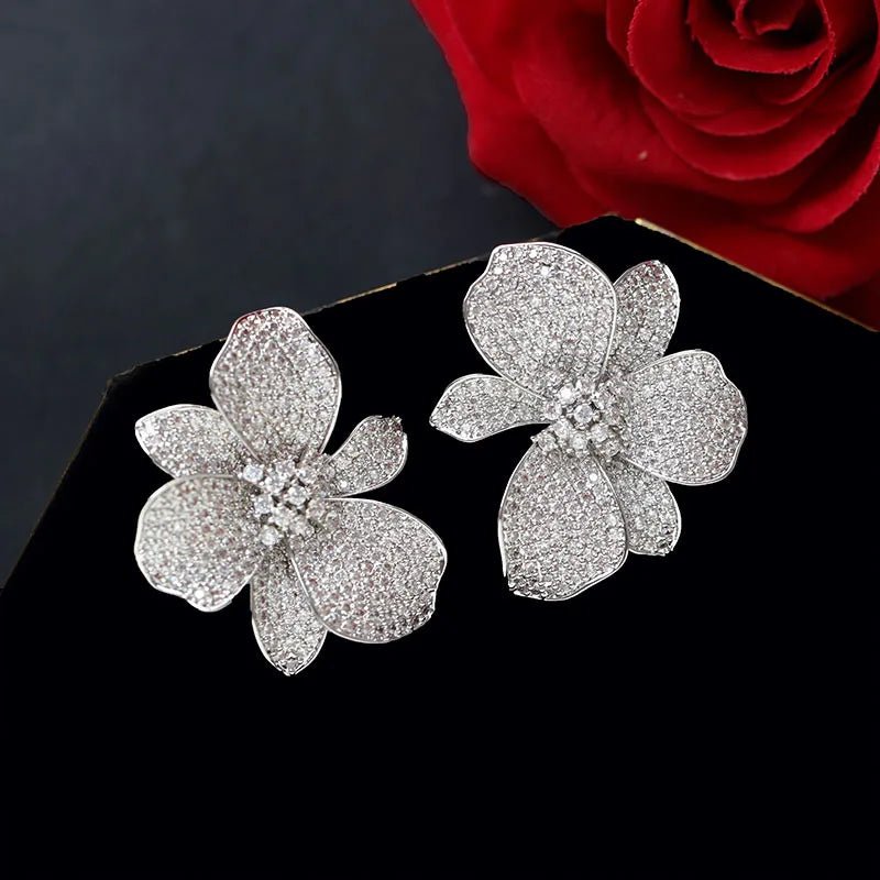 New Design Fashion Golden Color Cubic Zirconia Big Flower Stud eEarring For Women Wedding Bride Jewelry - Luzilly Bridal & Apparel