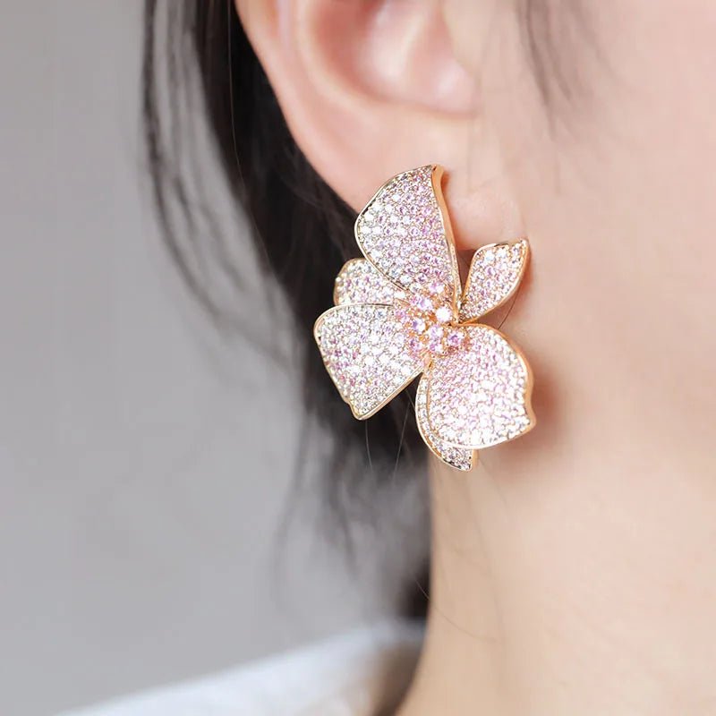 New Design Fashion Golden Color Cubic Zirconia Big Flower Stud eEarring For Women Wedding Bride Jewelry - Luzilly Bridal & Apparel