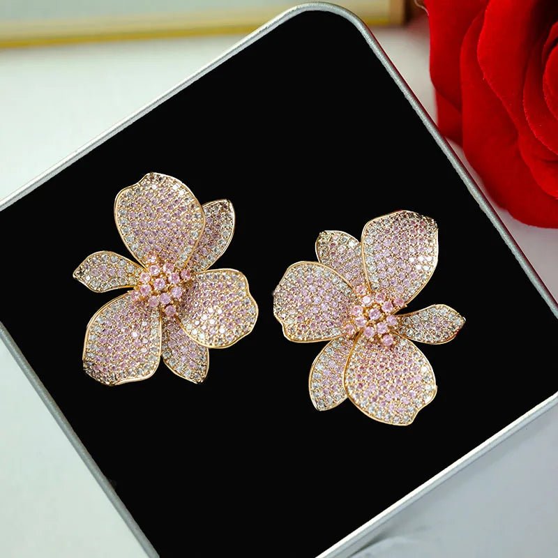 New Design Fashion Golden Color Cubic Zirconia Big Flower Stud eEarring For Women Wedding Bride Jewelry - Luzilly Bridal & Apparel