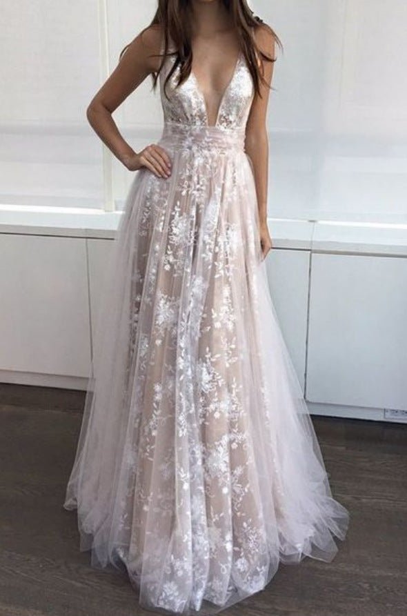 New dress AliExpress explosion models lace deep V wedding dress long skirt women's clothing - Luzilly Bridal & Apparel