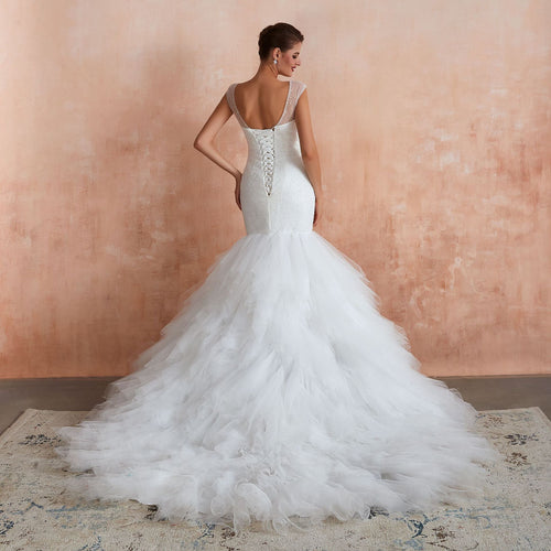 New Fishtail Skirt Wedding Dress Big Tail Bride Female Lead Yarn Mermaid Waist Backless V-Neck Customization - Luzilly Bridal & Apparel
