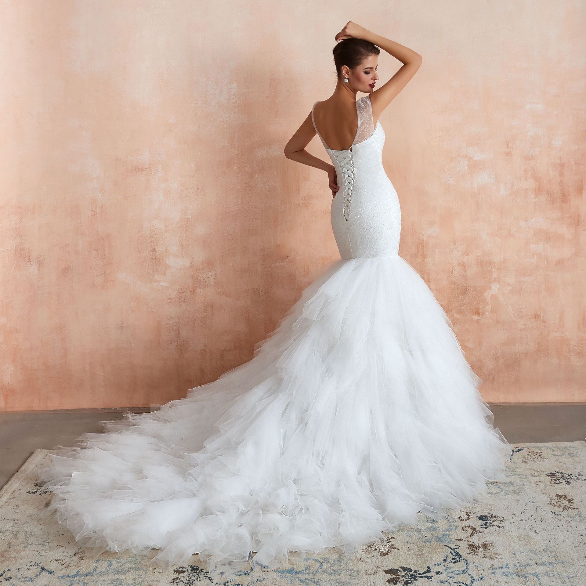 New Fishtail Skirt Wedding Dress Big Tail Bride Female Lead Yarn Mermaid Waist Backless V-Neck Customization - Luzilly Bridal & Apparel
