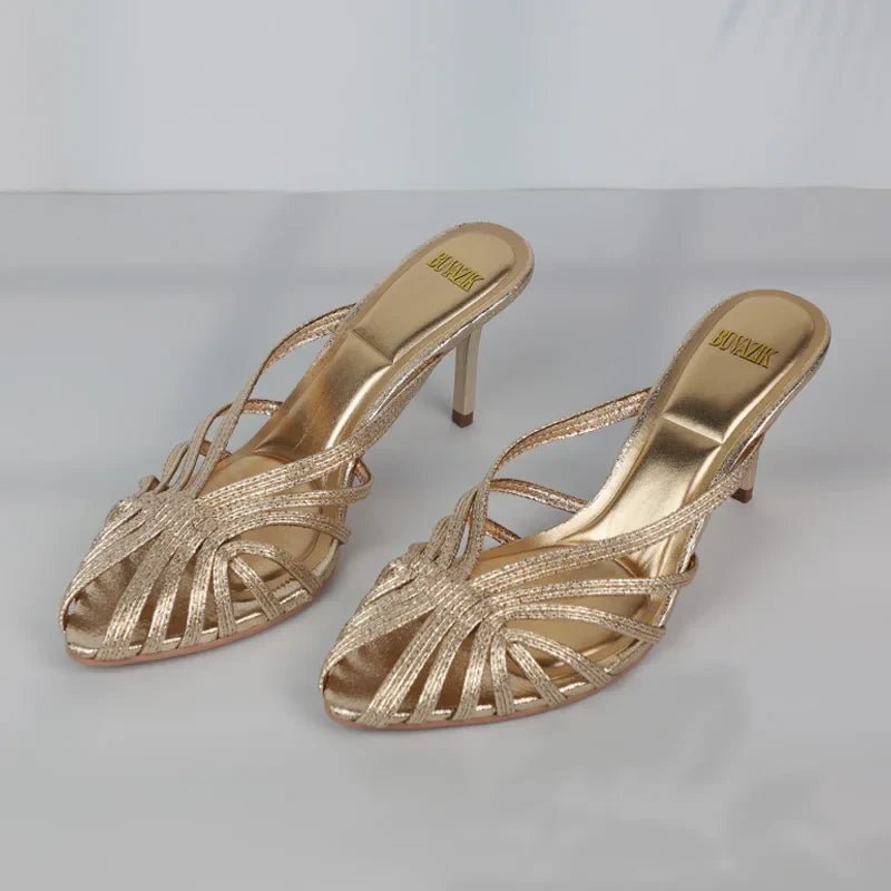 New Gold Hollow Thin Strip Heels for Women Luxury Pointed Toe Heeled Pumps Office Lady Mules Summer Stiletto Shoe Sandals 2025 - Luzilly Bridal & Apparel