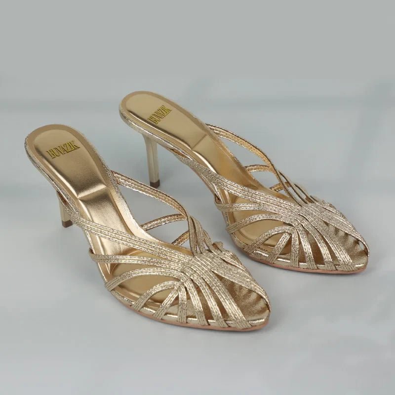 New Gold Hollow Thin Strip Heels for Women Luxury Pointed Toe Heeled Pumps Office Lady Mules Summer Stiletto Shoe Sandals 2025 - Luzilly Bridal & Apparel