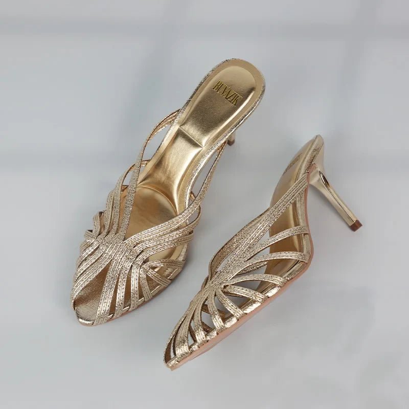 New Gold Hollow Thin Strip Heels for Women Luxury Pointed Toe Heeled Pumps Office Lady Mules Summer Stiletto Shoe Sandals 2025 - Luzilly Bridal & Apparel