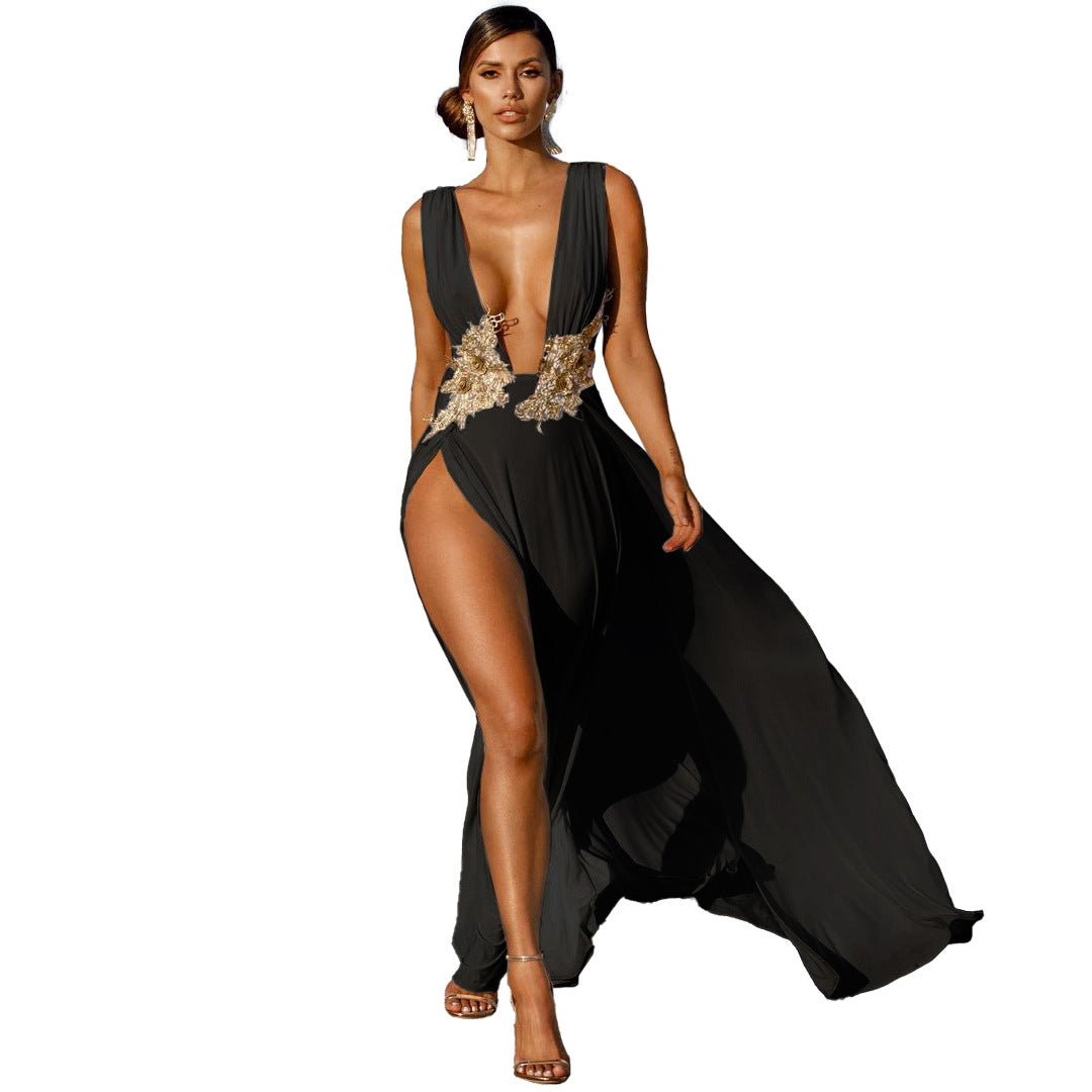 New Ladies Maxi Dress Sexy Fashion Wedding Evening Dress Deep V Plunge Plunge High Slit Part Large Swing Mop Dress - Luzilly Bridal & Apparel