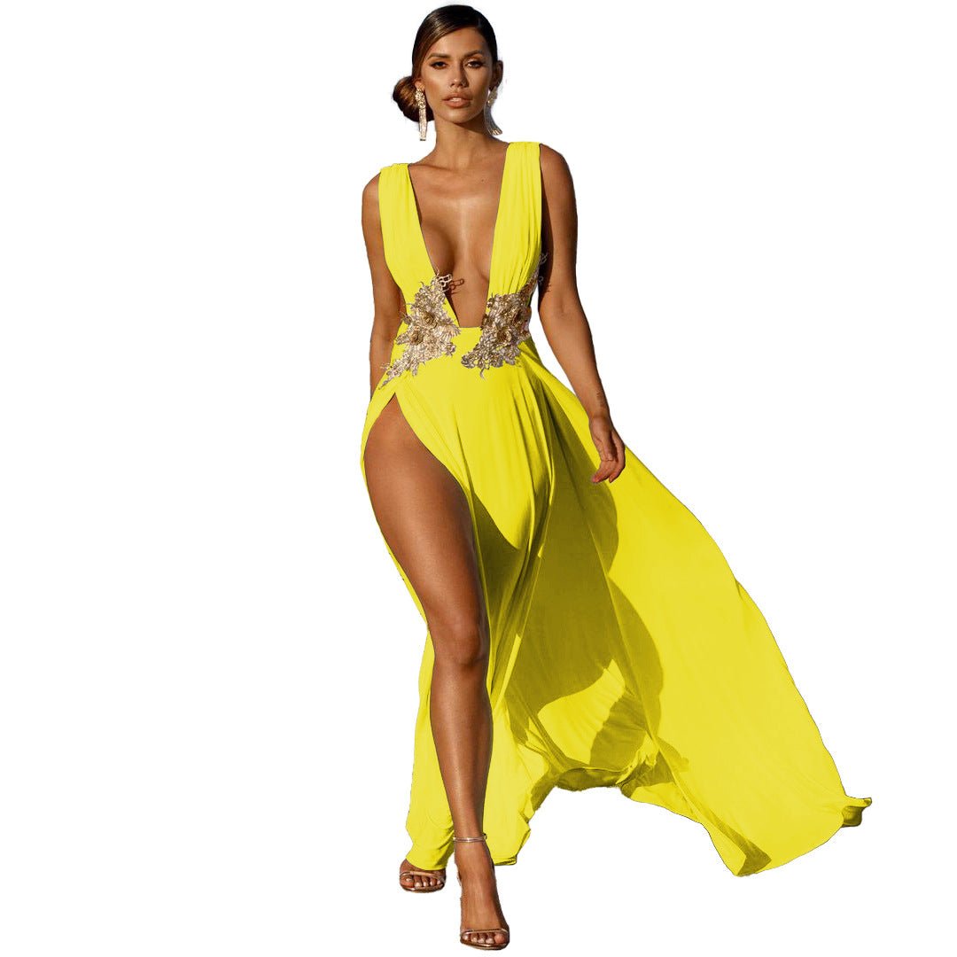 New Ladies Maxi Dress Sexy Fashion Wedding Evening Dress Deep V Plunge Plunge High Slit Part Large Swing Mop Dress - Luzilly Bridal & Apparel