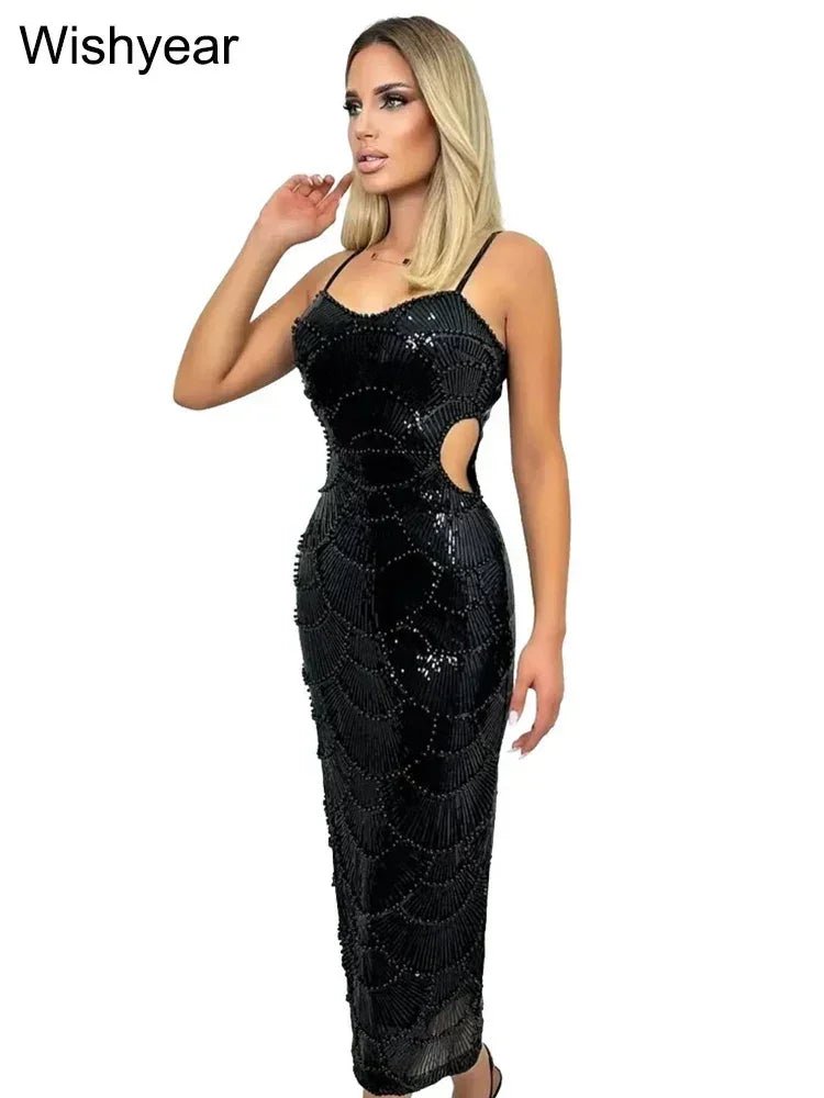 New Sequin Hollow Out Spaghetti Strap Backless Mermaid Long Dresses Women Elegant Celebrity Party Evening Wedding Bodycon Gowns - Luzilly Bridal & Apparel