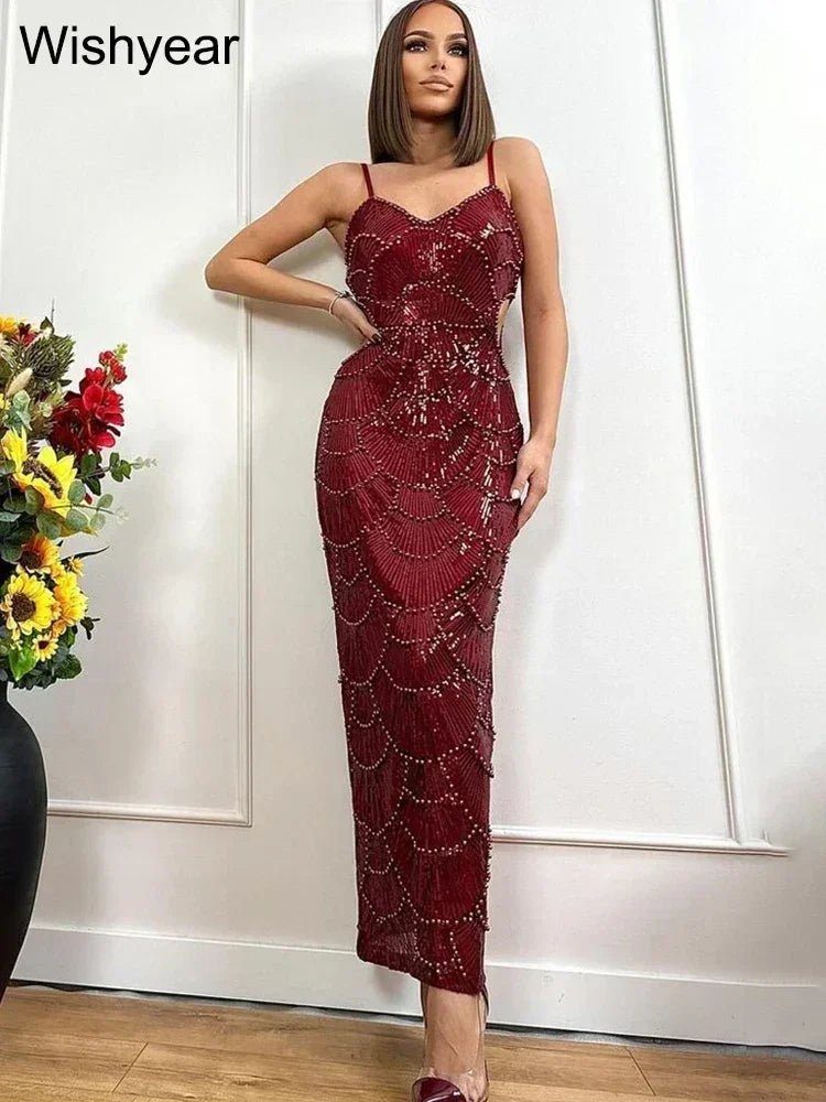 New Sequin Hollow Out Spaghetti Strap Backless Mermaid Long Dresses Women Elegant Celebrity Party Evening Wedding Bodycon Gowns - Luzilly Bridal & Apparel