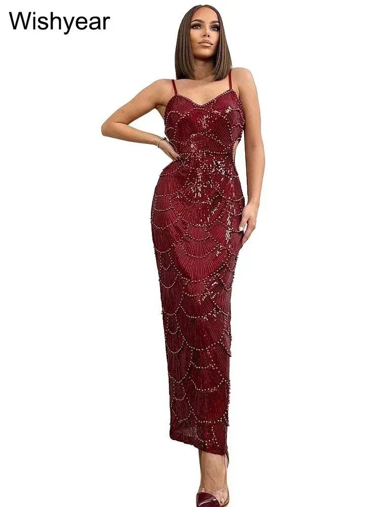 New Sequin Hollow Out Spaghetti Strap Backless Mermaid Long Dresses Women Elegant Celebrity Party Evening Wedding Bodycon Gowns - Luzilly Bridal & Apparel