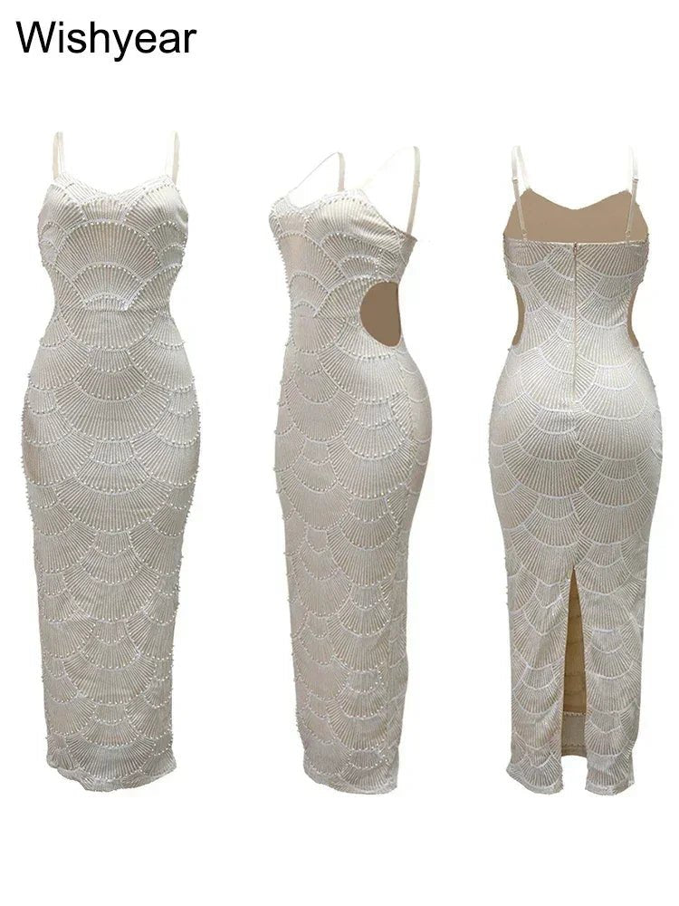 New Sequin Hollow Out Spaghetti Strap Backless Mermaid Long Dresses Women Elegant Celebrity Party Evening Wedding Bodycon Gowns - Luzilly Bridal & Apparel