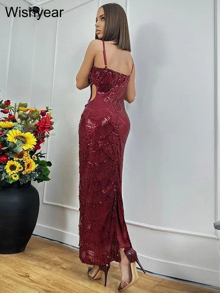 New Sequin Hollow Out Spaghetti Strap Backless Mermaid Long Dresses Women Elegant Celebrity Party Evening Wedding Bodycon Gowns - Luzilly Bridal & Apparel