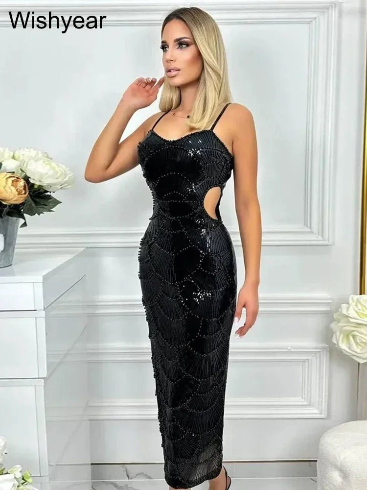 New Sequin Hollow Out Spaghetti Strap Backless Mermaid Long Dresses Women Elegant Celebrity Party Evening Wedding Bodycon Gowns - Luzilly Bridal & Apparel