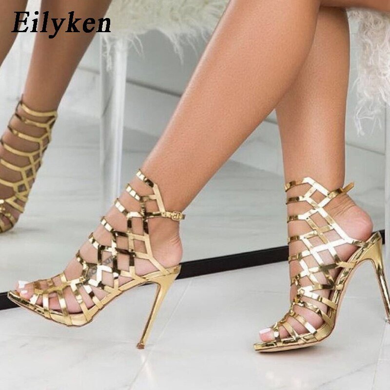 New Sexy Golden Gladiator Sandals Thin Heels Buckle Strap Wedding Pumps Platform Sandals - Luzilly Bridal & Apparel