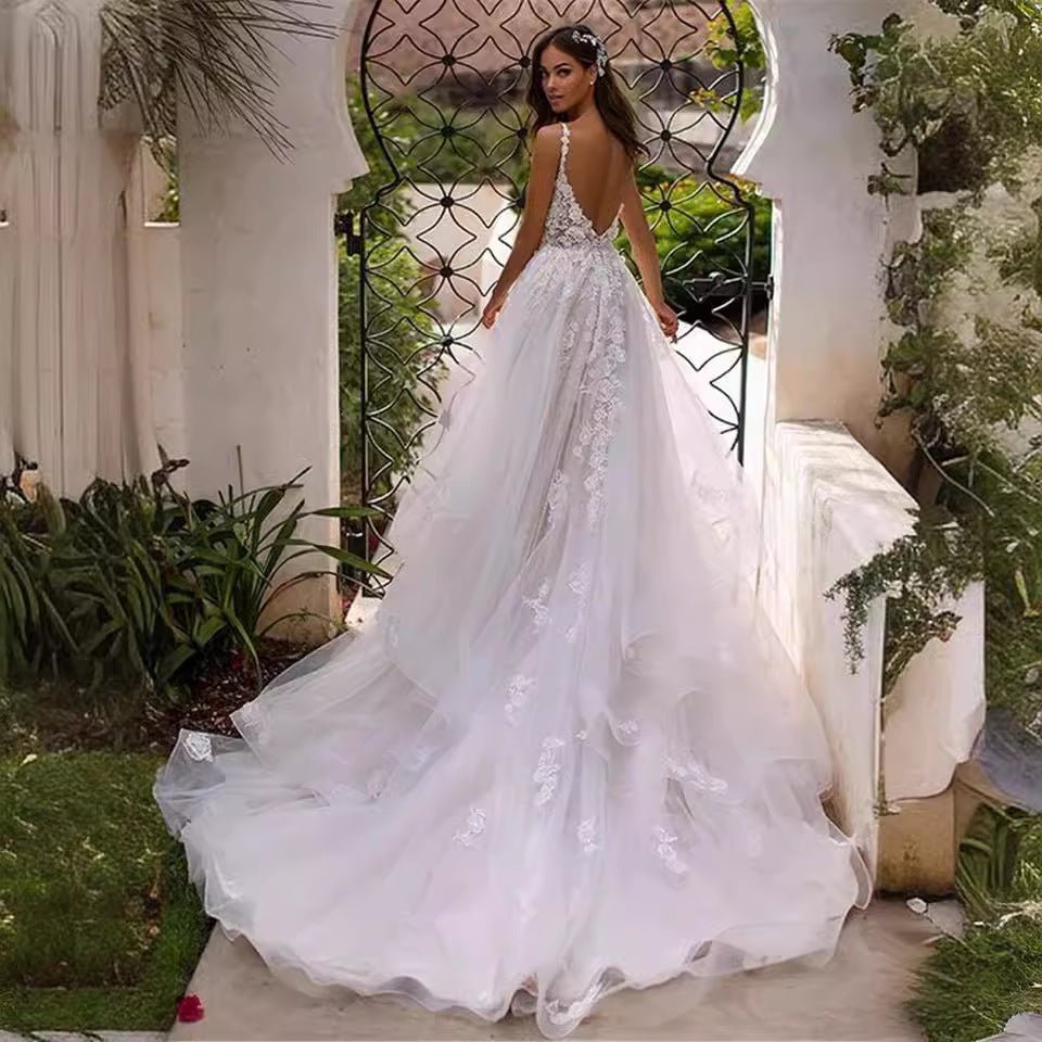 Deep V-Neck Suspender-Strap Wedding Dress - Luzilly Bridal & Apparel