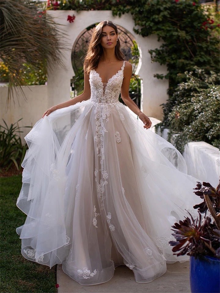 New Slim And Deep V Suspender Light Wedding Dress - Luzilly Bridal & Apparel