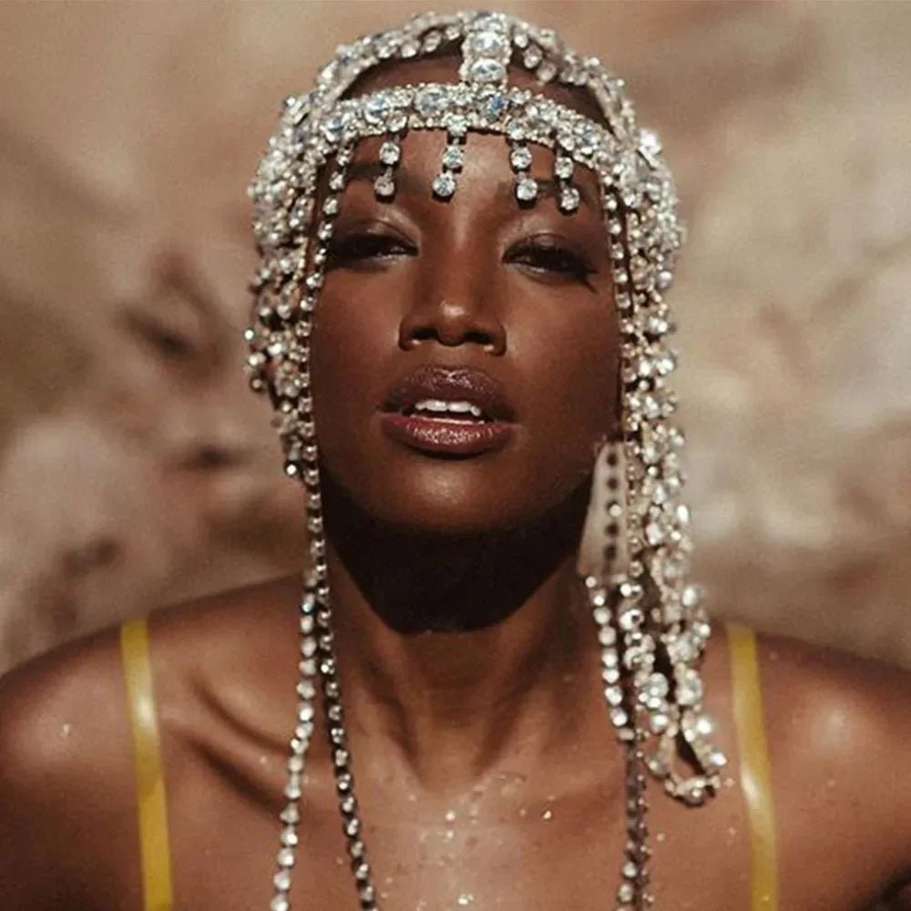 New Tassel Hair Chain Bridal Headpiece for Women Rave Accessories Stage Rhinestone Geometric Head Chain Hat Jewelry Gifts - Luzilly Bridal & Apparel