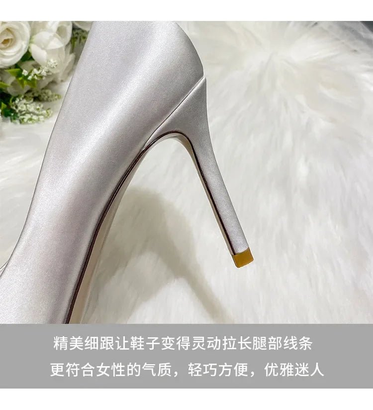 New White Champagne Women Bridal Wedding Shoes Faux Silk Satin Rhinestone Crystal Shallow Pumps Stiletto High Heel - Luzilly Bridal & Apparel