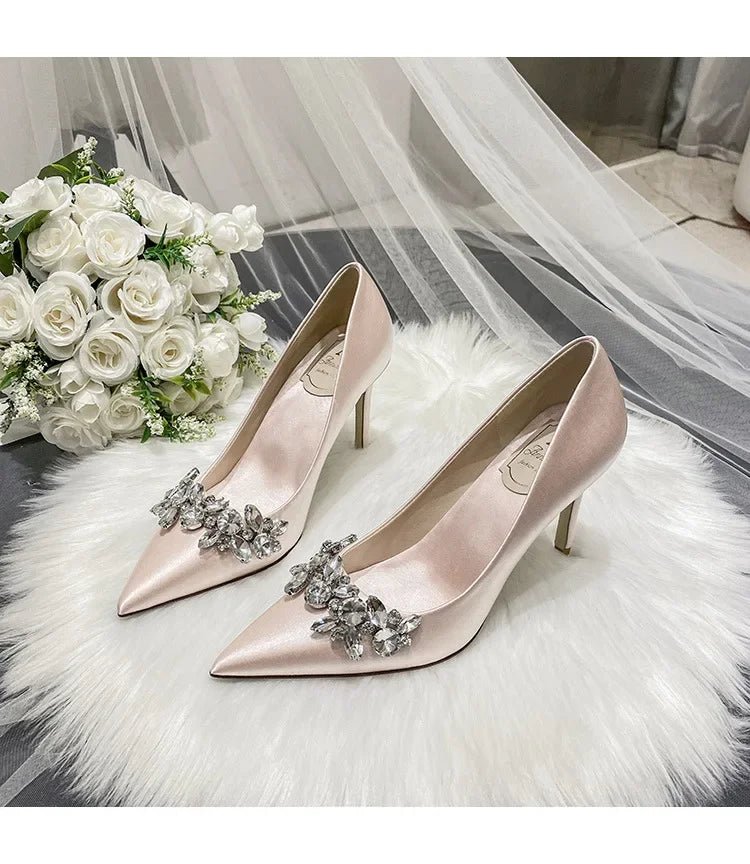 New White Champagne Women Bridal Wedding Shoes Faux Silk Satin Rhinestone Crystal Shallow Pumps Stiletto High Heel - Luzilly Bridal & Apparel