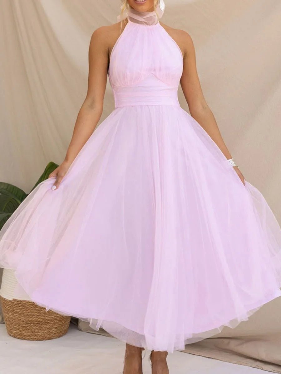 New Womens Backless Long Dress Adjustable Tie Halter Neck Tulle High Waist Solid Party Wedding Dress S-XL - Luzilly Bridal & Apparel
