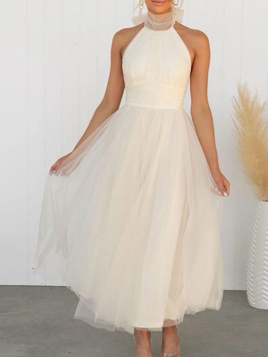 New Womens Backless Long Dress Adjustable Tie Halter Neck Tulle High Waist Solid Party Wedding Dress S-XL - Luzilly Bridal & Apparel