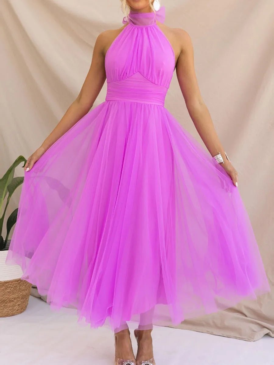 New Womens Backless Long Dress Adjustable Tie Halter Neck Tulle High Waist Solid Party Wedding Dress S-XL - Luzilly Bridal & Apparel