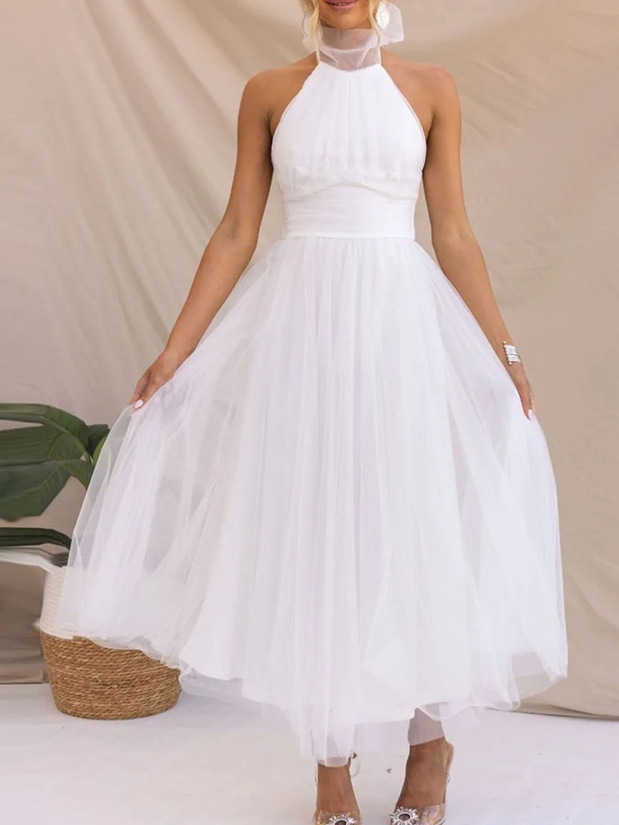 New Womens Backless Long Dress Adjustable Tie Halter Neck Tulle High Waist Solid Party Wedding Dress S-XL - Luzilly Bridal & Apparel