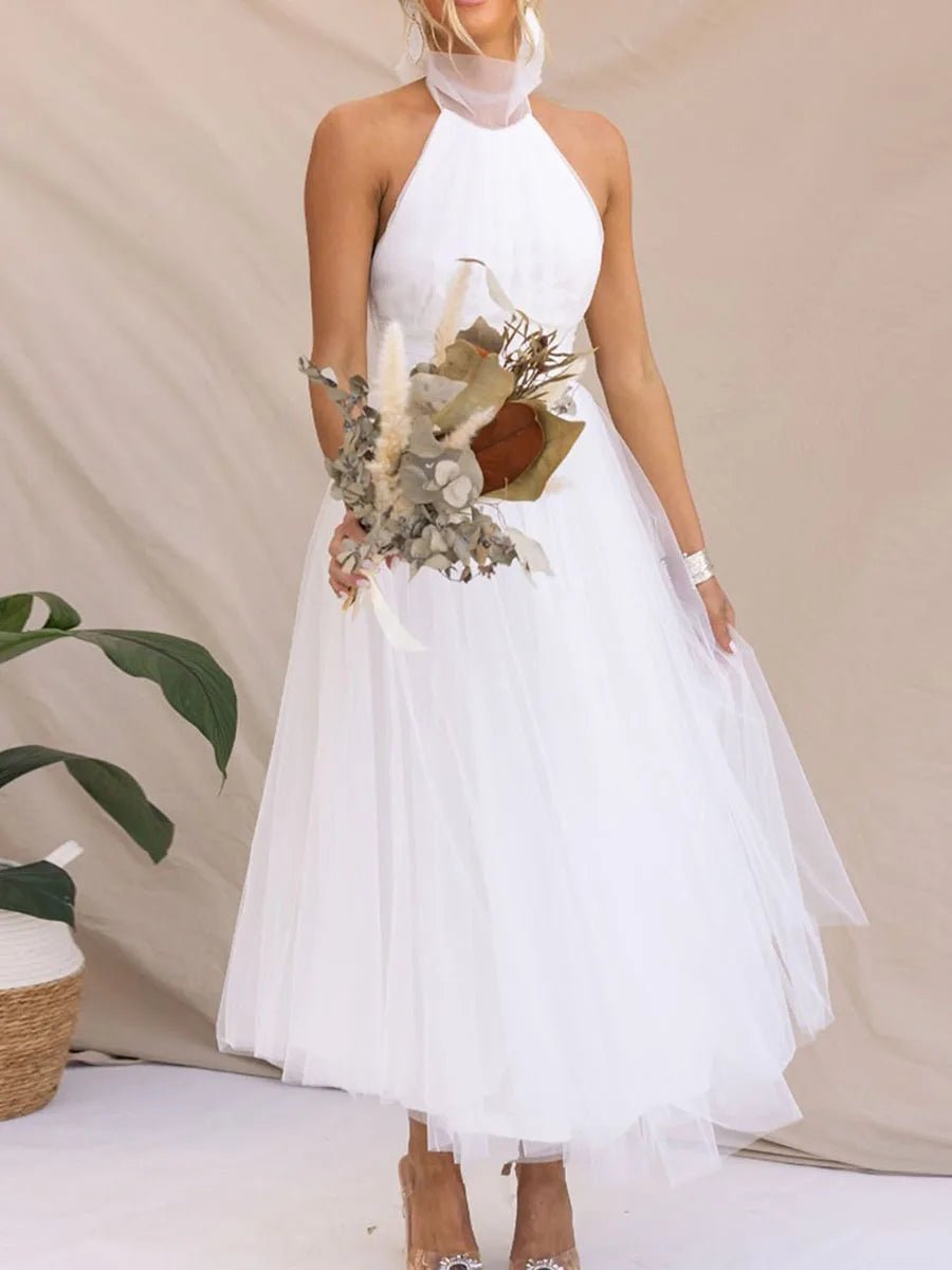 New Womens Backless Long Dress Adjustable Tie Halter Neck Tulle High Waist Solid Party Wedding Dress S-XL - Luzilly Bridal & Apparel