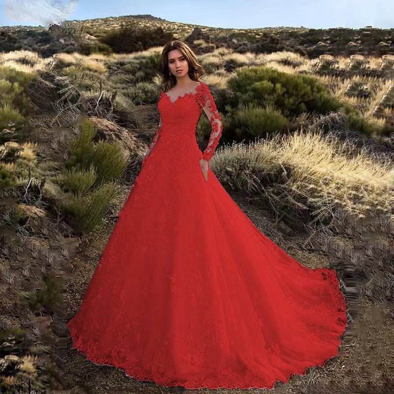 New women's lace wedding dress with train, flared evening gown - Luzilly Bridal & Apparel