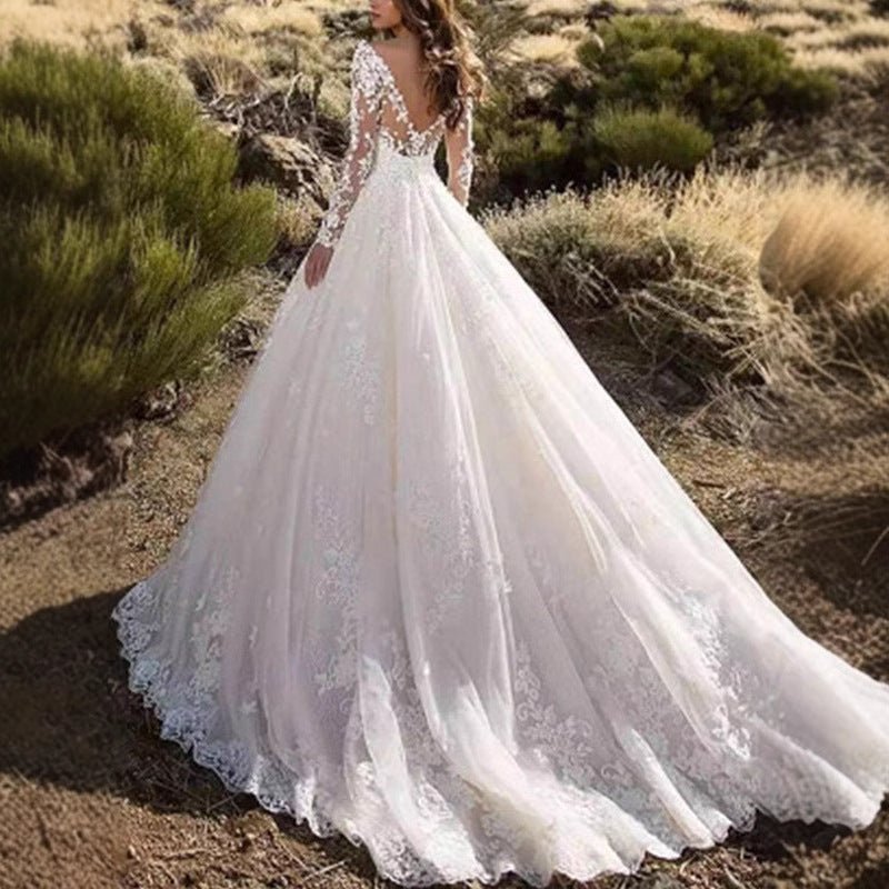 New women's lace wedding dress with train, flared evening gown - Luzilly Bridal & Apparel