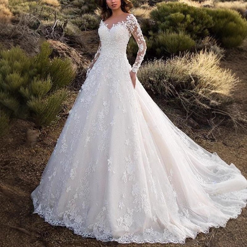 New women's lace wedding dress with train, flared evening gown - Luzilly Bridal & Apparel