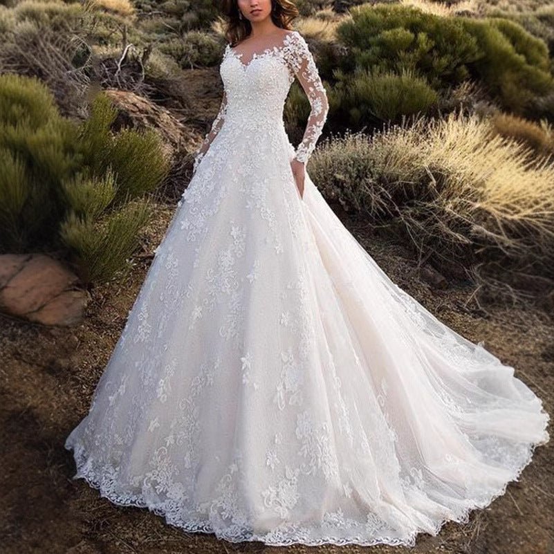 New women's lace wedding dress with train, flared evening gown - Luzilly Bridal & Apparel
