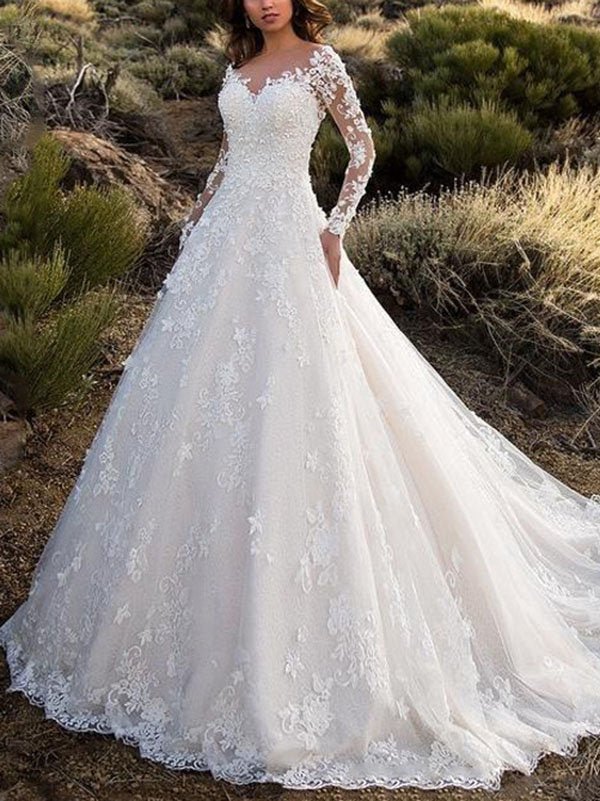 New women's lace wedding dress with train, flared evening gown - Luzilly Bridal & Apparel
