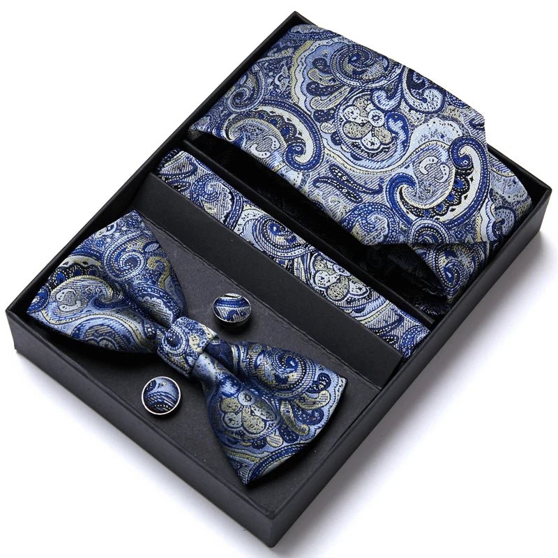 Nice Handmade Bow Tie Handkerchief Pocket Squares Cufflink Set Necktie Box Paisley Sliver Fit Workplace - Luzilly Bridal & Apparel