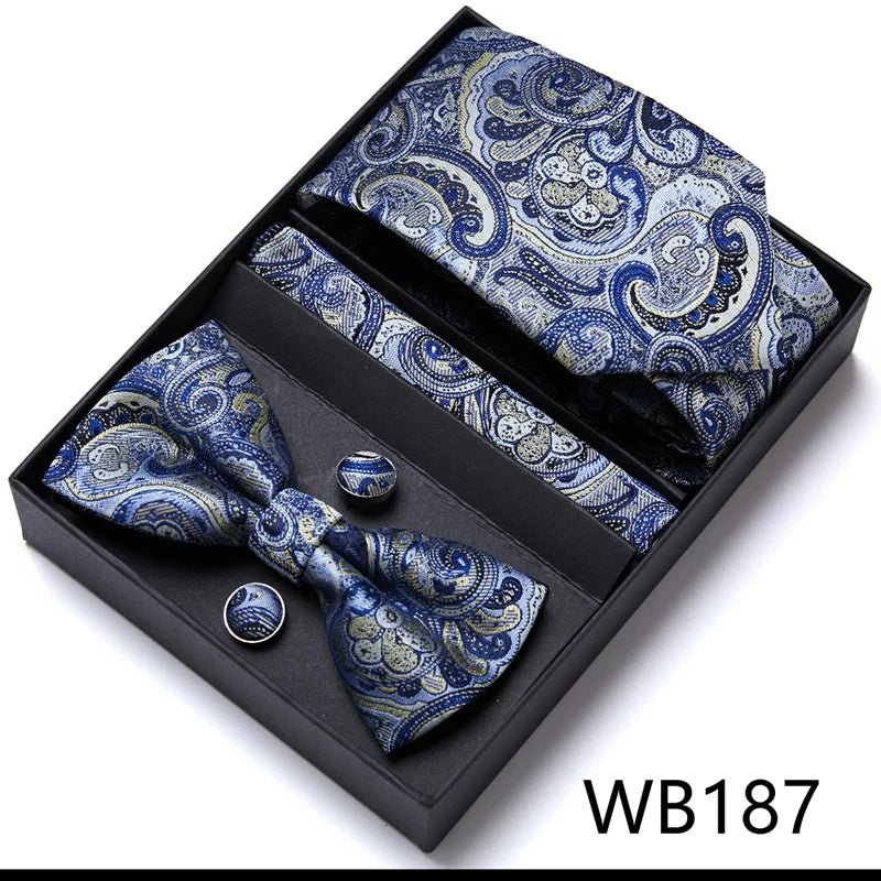 Nice Handmade Bow Tie Handkerchief Pocket Squares Cufflink Set Necktie Box Paisley Sliver Fit Workplace - Luzilly Bridal & Apparel