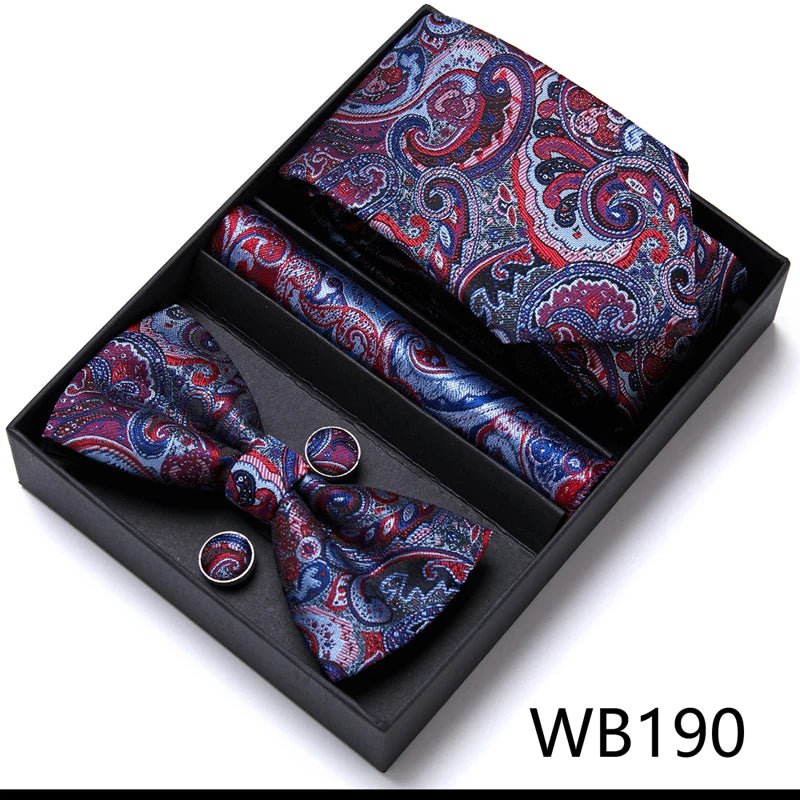 Nice Handmade Bow Tie Handkerchief Pocket Squares Cufflink Set Necktie Box Paisley Sliver Fit Workplace - Luzilly Bridal & Apparel
