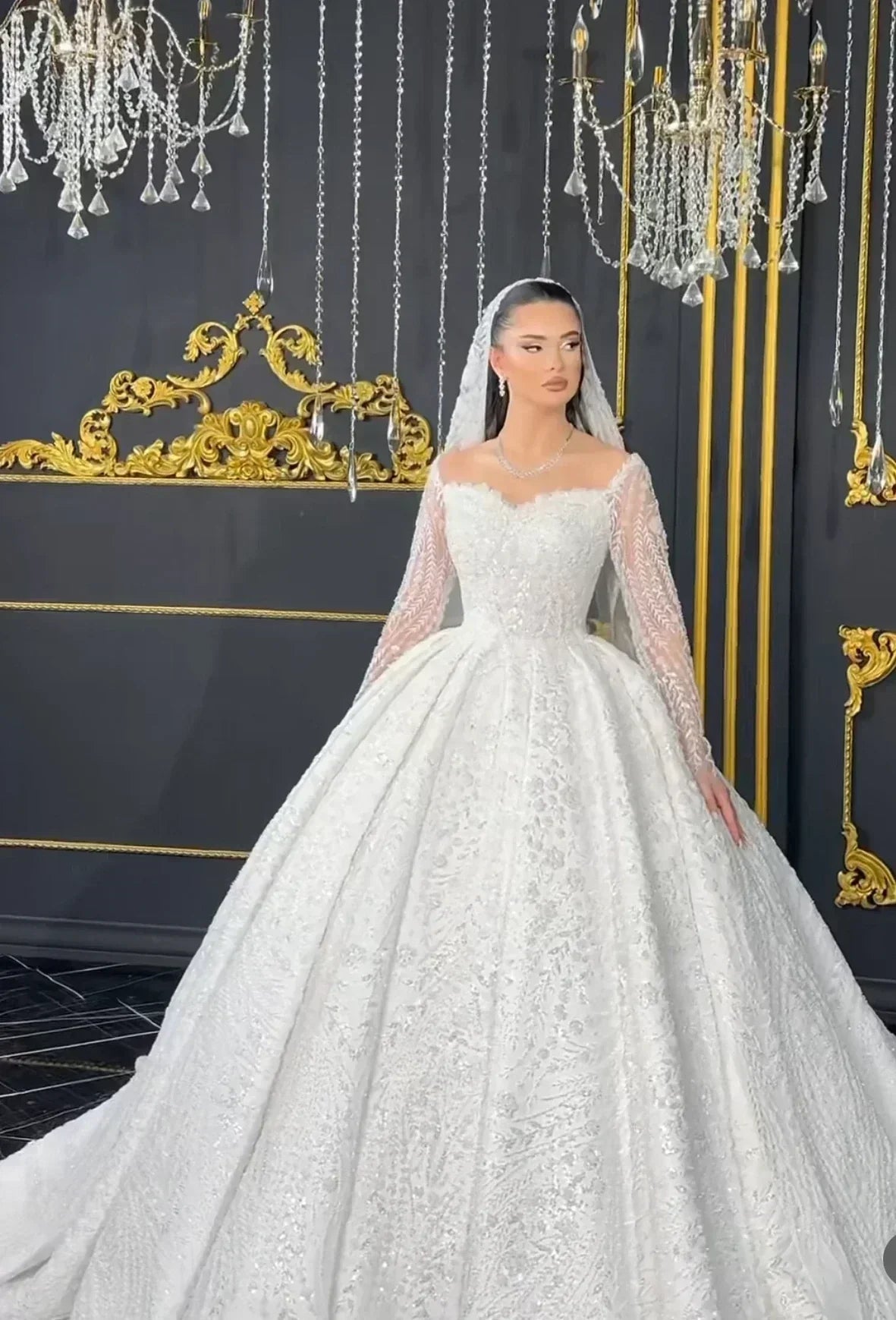 Noble Long Sleeve Beaded Wedding Dress | Ball Gown -femstylo - Luzilly Bridal & Apparel