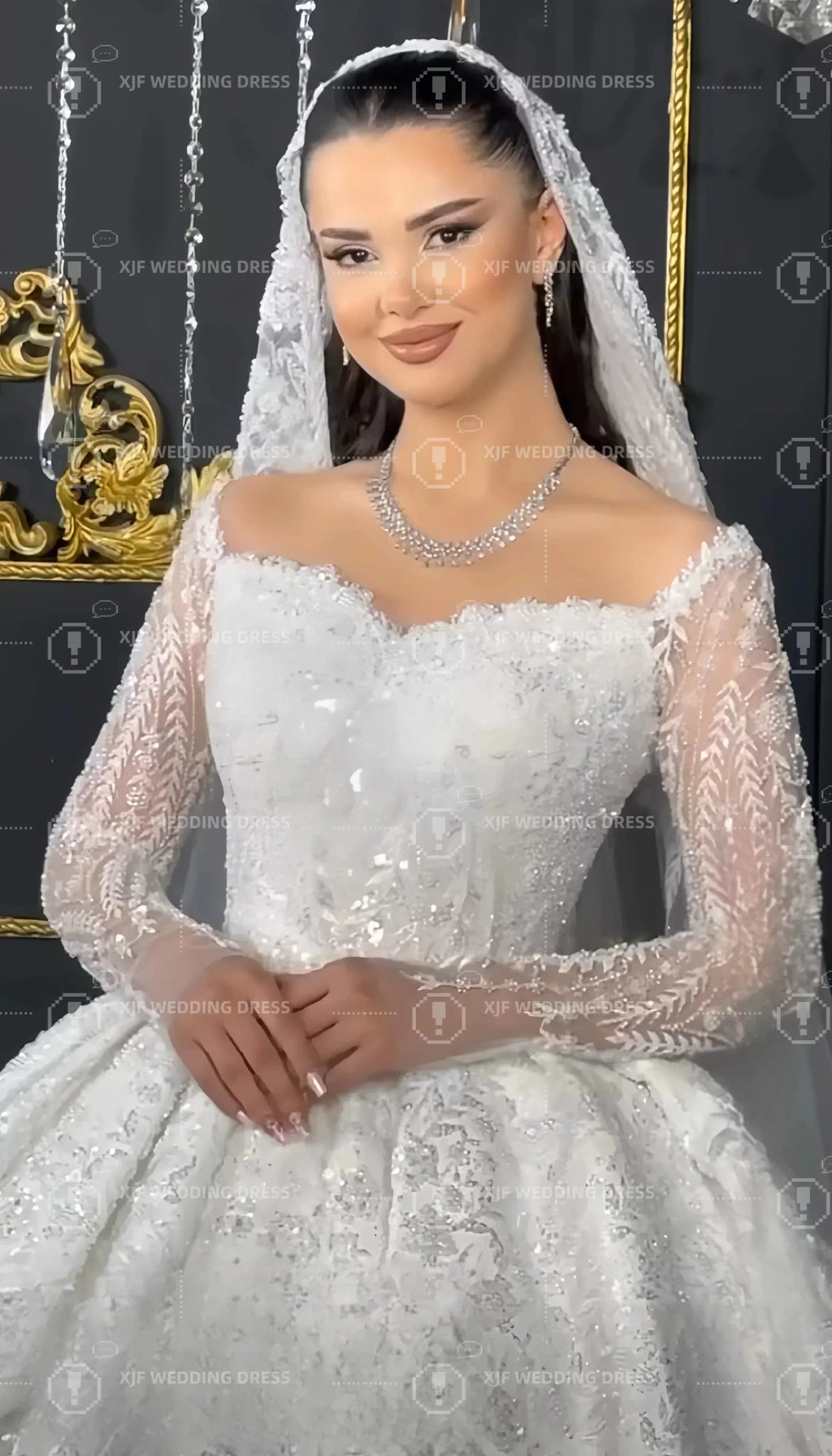 Noble Long Sleeve Beaded Wedding Dress | Ball Gown -femstylo - Luzilly Bridal & Apparel
