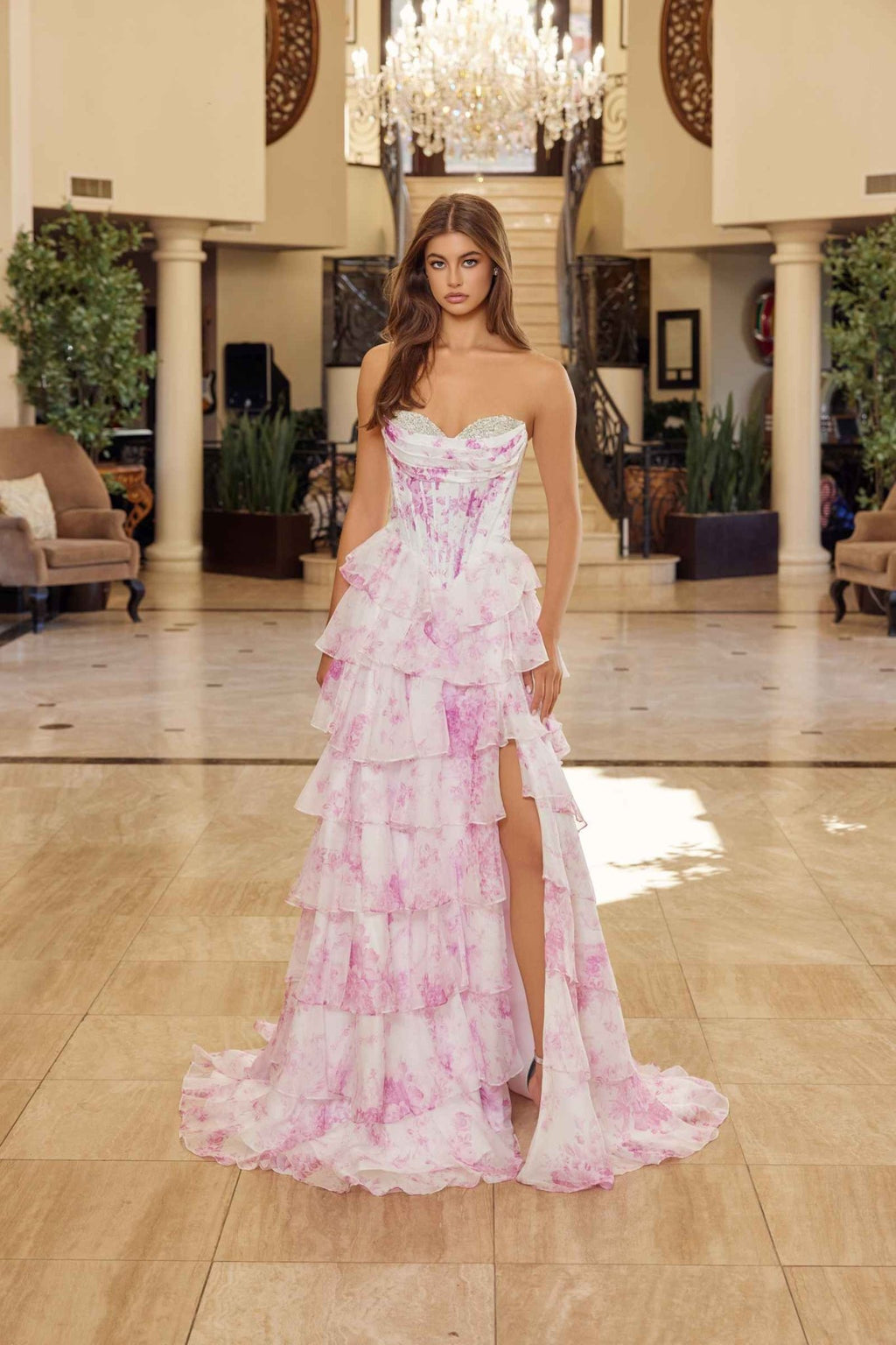 Nox Anabel A1752 Flowy Strapless A-Line Ruffled Layered Chiffon Prom Gown - Luzilly Bridal & Apparel