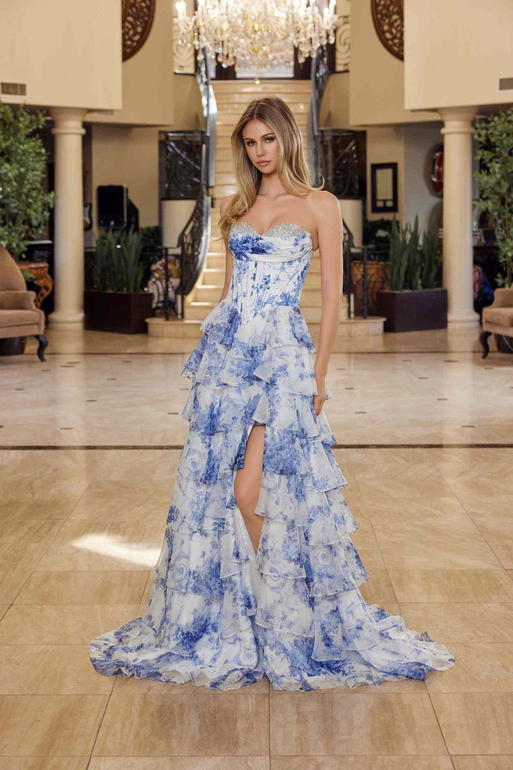 Nox Anabel A1752 Flowy Strapless A-Line Ruffled Layered Chiffon Prom Gown - Luzilly Bridal & Apparel