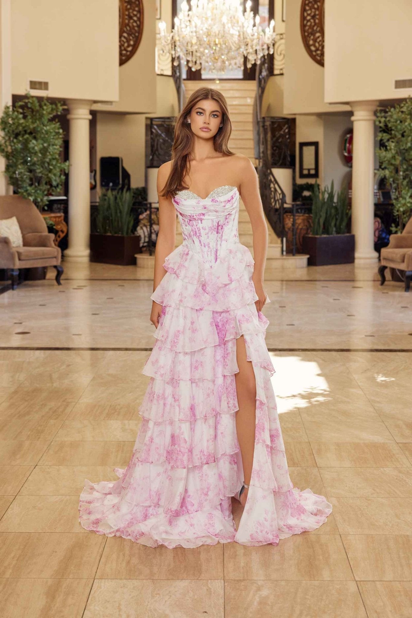 Nox Anabel A1752 Flowy Strapless A-Line Ruffled Layered Chiffon Prom Gown - Luzilly Bridal & Apparel