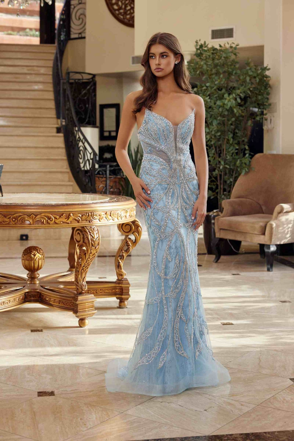 Nox Anabel C1826 Peaked Neckline Beaded Embellishments Fitted Prom Gown - Luzilly Bridal & Apparel