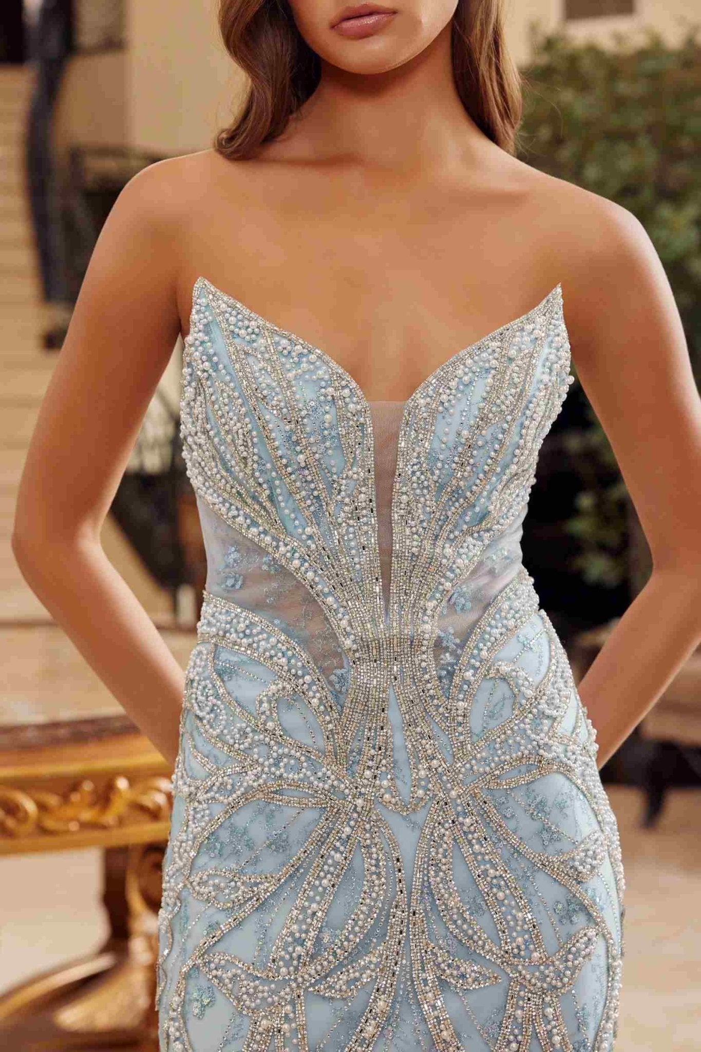 Nox Anabel C1826 Peaked Neckline Beaded Embellishments Fitted Prom Gown - Luzilly Bridal & Apparel