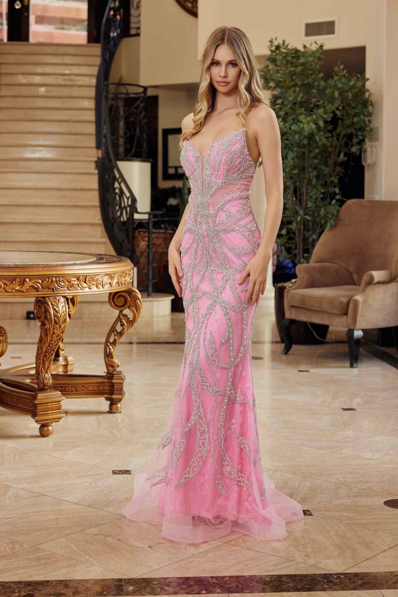 Nox Anabel C1826 Peaked Neckline Beaded Embellishments Fitted Prom Gown - Luzilly Bridal & Apparel