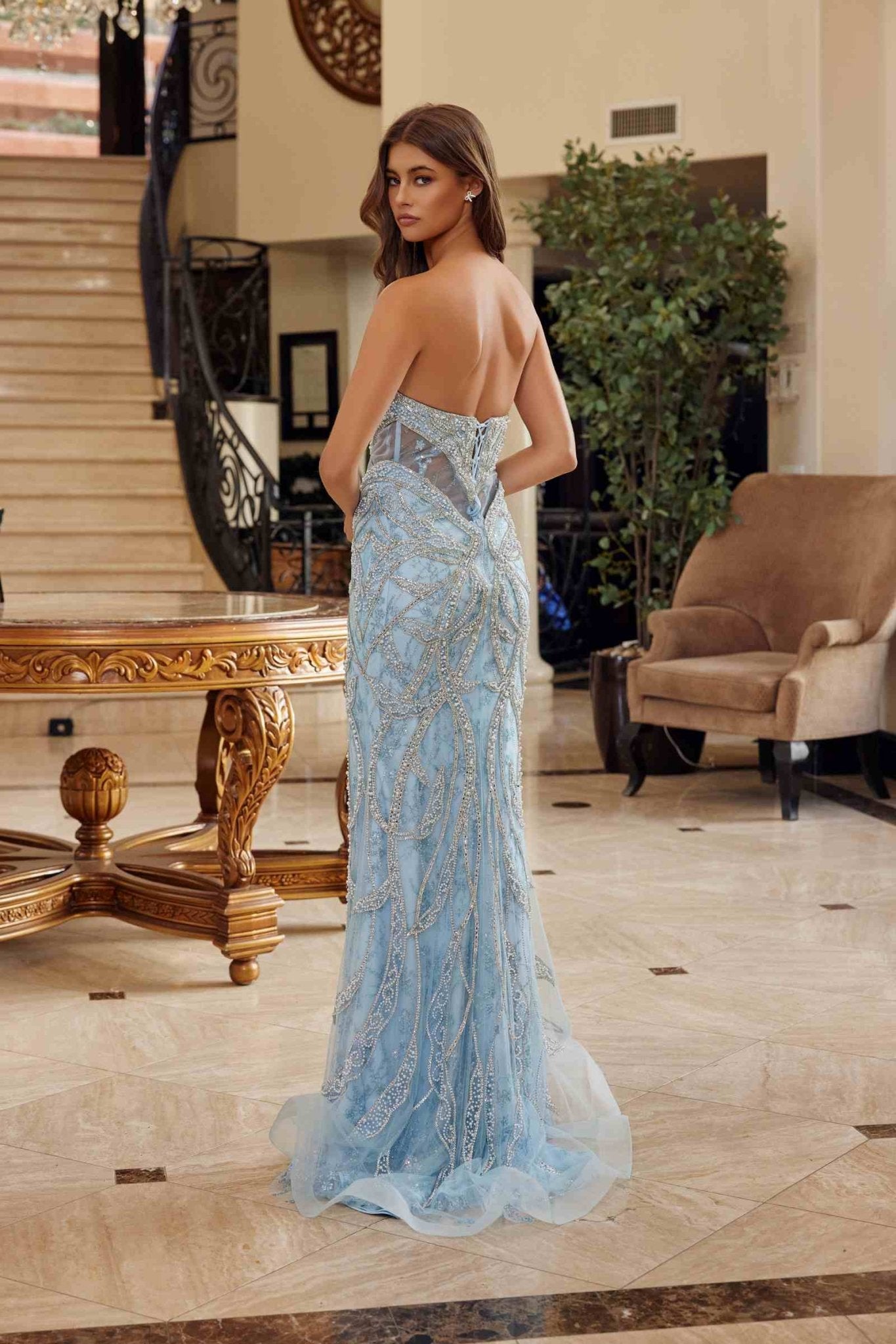 Nox Anabel C1826 Peaked Neckline Beaded Embellishments Fitted Prom Gown - Luzilly Bridal & Apparel